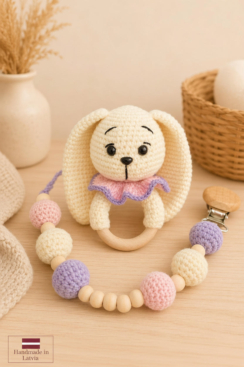 ring-shaped bunny rattle and pacifier holder